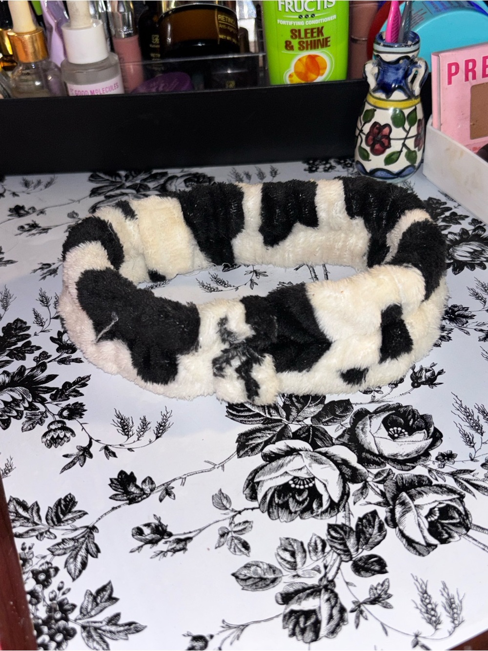 Plush Black and White Cow Print Headband